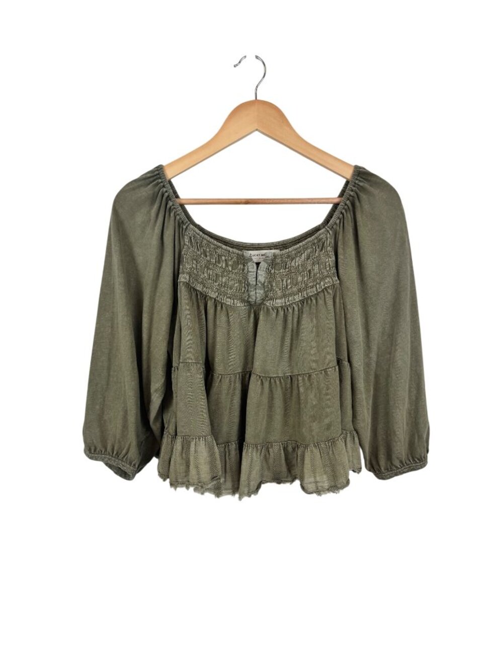 Lucky Brand Olive Green Tiered Peasant Blouse Smocked Size Medium 100% Cotton